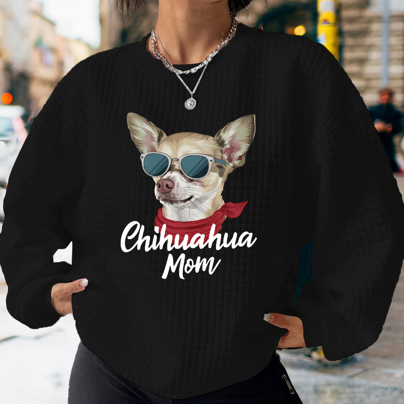 

Women's Casual Crew Neck Chihuahua Mom Graphic Sweatshirt - Knitted Polyester Blend Pullover With Slight Stretch, Animal Print Long Sleeve Active Top For Fall/winter