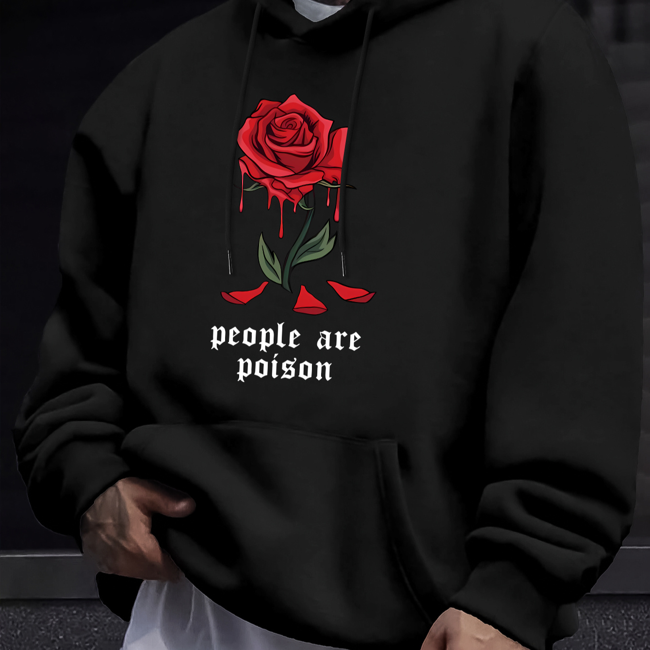 

Rose & People Are Poison Print Men's Fall And Winter Trendy Hooded Sweatshirt, Kangaroo Pocket, Long Sleeves, Perfect For Outdoor Activities, Men's Best Gift Choice