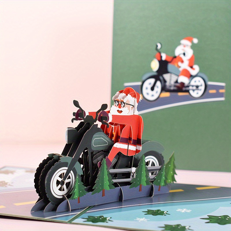 

3d Pop Up Christmas Greeting Card, Motorcycle-riding Santa Claus, & Funny Cartoon Theme, No Text, For Anyone - Merry & Winter Holidays, Includes Envelope & Message Tag, Pack Of 1