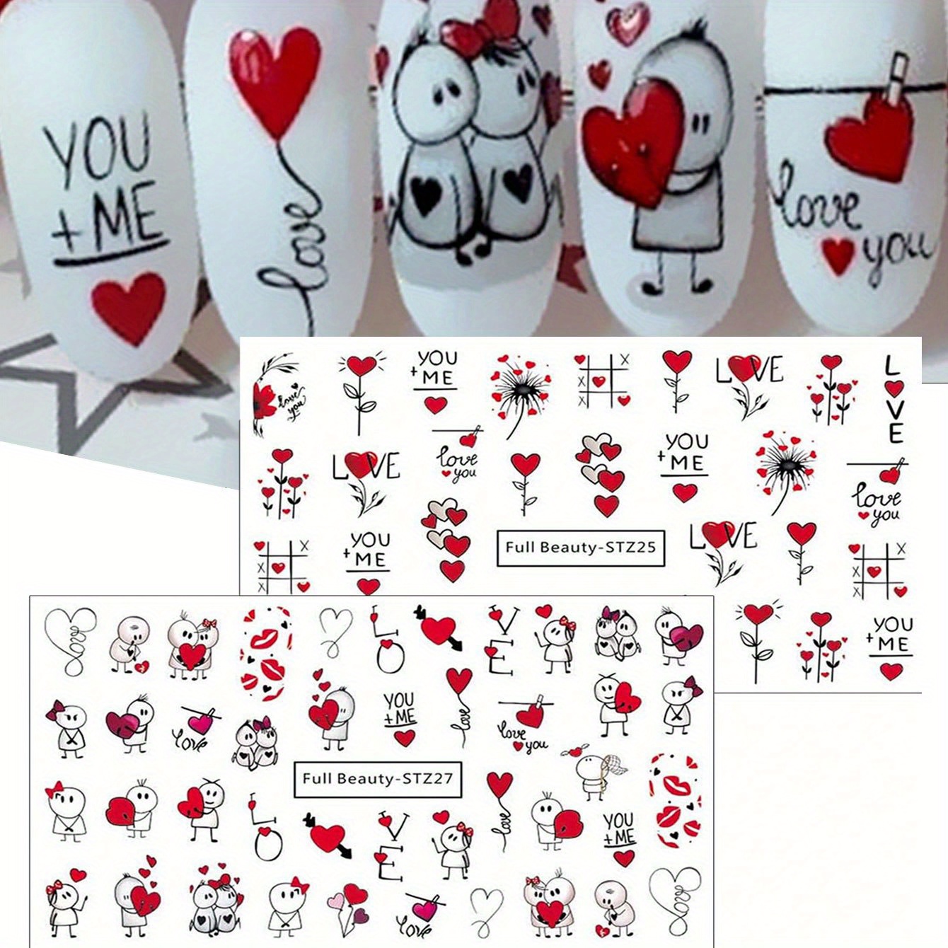 2pcs Sweet Heart Nail Stickers Love Couple Dandelion Lines Letters Nail Slider Manicure Decoration
