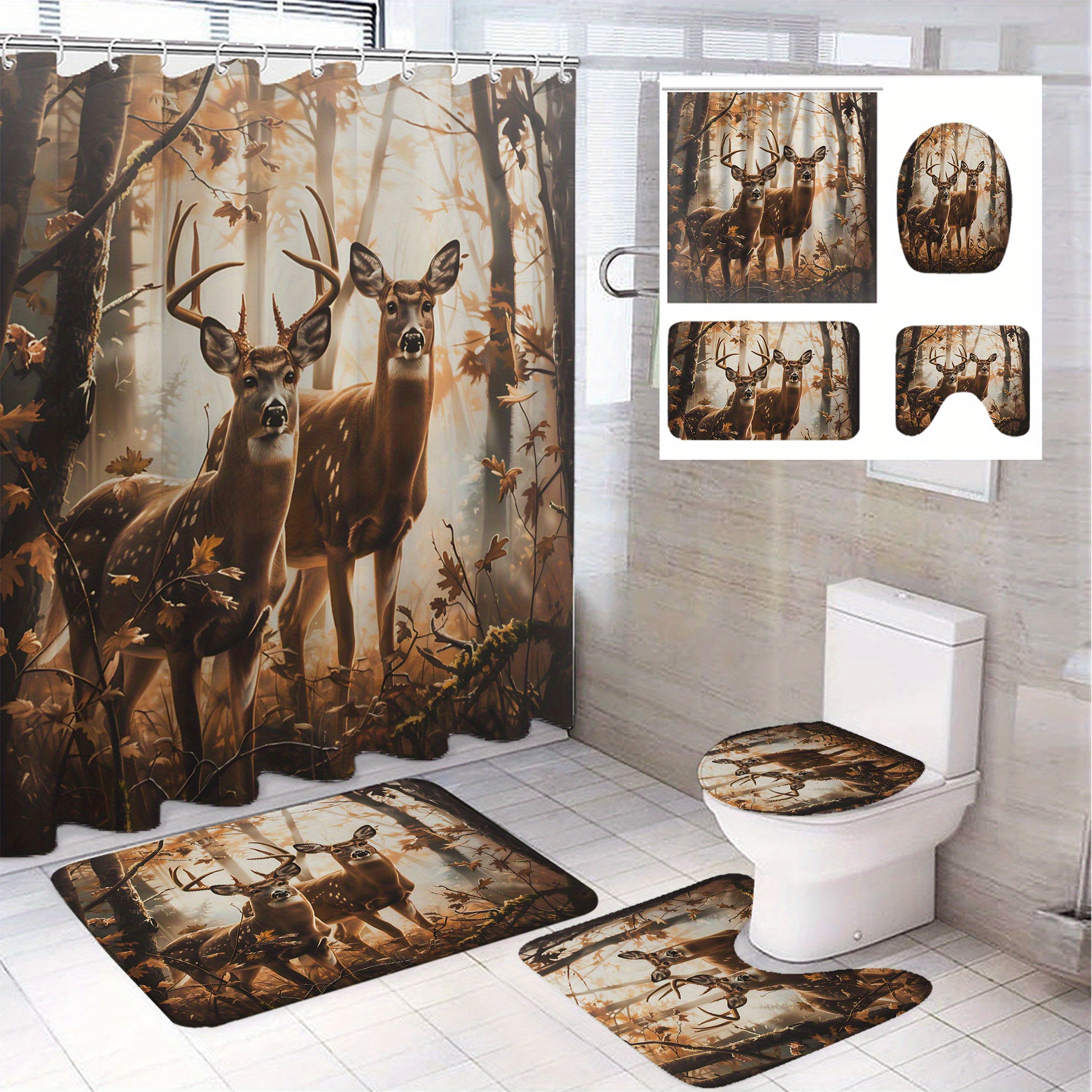 

1/ 4pcs, Deer Pattern Print Shower Curtain, Decoration, Polyester Bathroom Set With 12 Hooks, Bathroom Non-slip Floor Mat, Toilet Seat Cover Mat And U-shaped Mat, Home Decoration, 71*71in