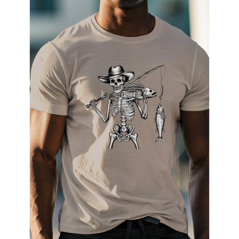 

Skeleton Fishing Graphic Print, Men's Crew Neck Short Sleeve Tee, Casual Comfy Top For Summer