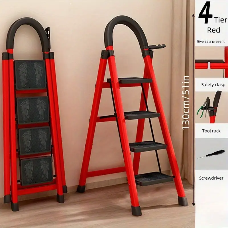 versatile red folding ladder 2 3 4 tiers sturdy metal for home use no power needed details 4