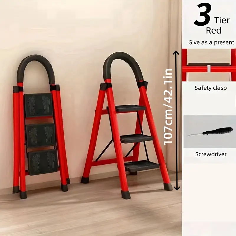 versatile red folding ladder 2 3 4 tiers sturdy metal for home use no power needed details 3