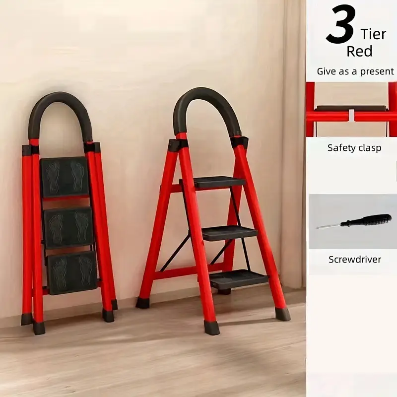 versatile red folding ladder 2 3 4 tiers sturdy metal for home use no power needed details 2