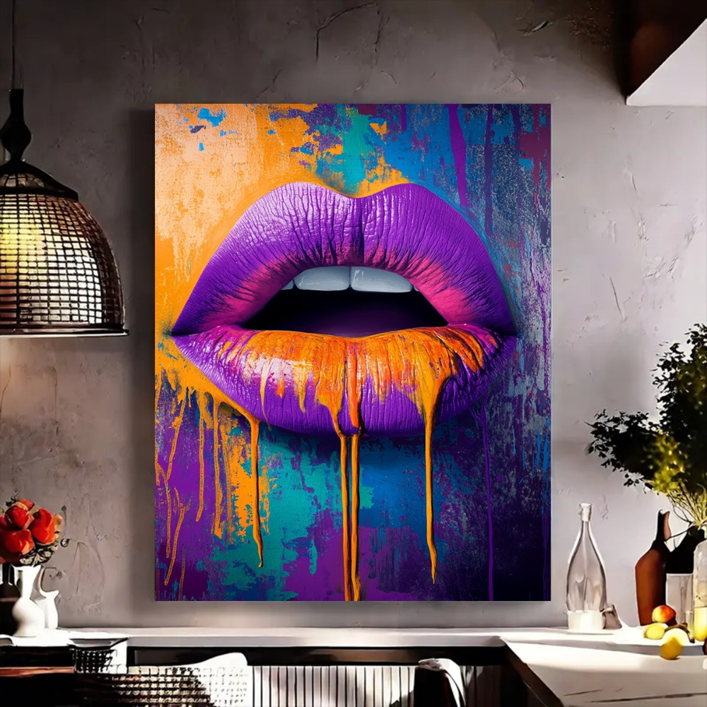 

Purple Lips Wood Frame Canvas Painting Wall Art Print, Waterproof Printed Artwork, Home Decor For Living Room, Bedroom, Office, Kitchen, Dining Room And Bar - Unique Pattern Wall Art Decor.