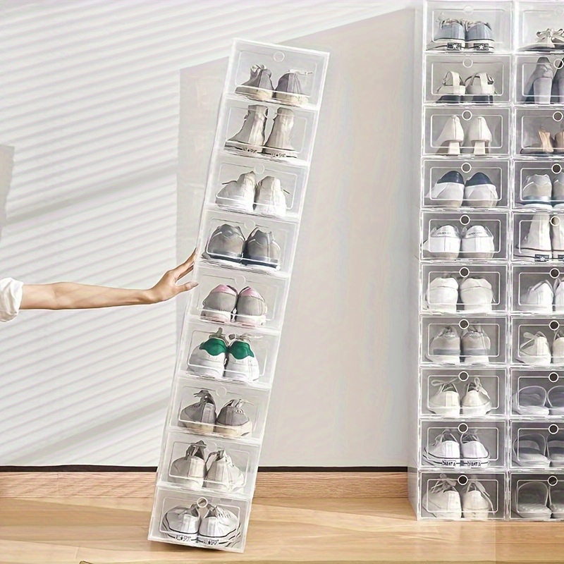 

6-pack Plastic Folding Shoe Organizer Boxes - Floor Mount, Transparent Drawer Style Shoe Racks For Closet Organization, Versatile, Moisture-proof & Dust-proof, Easy Assembly