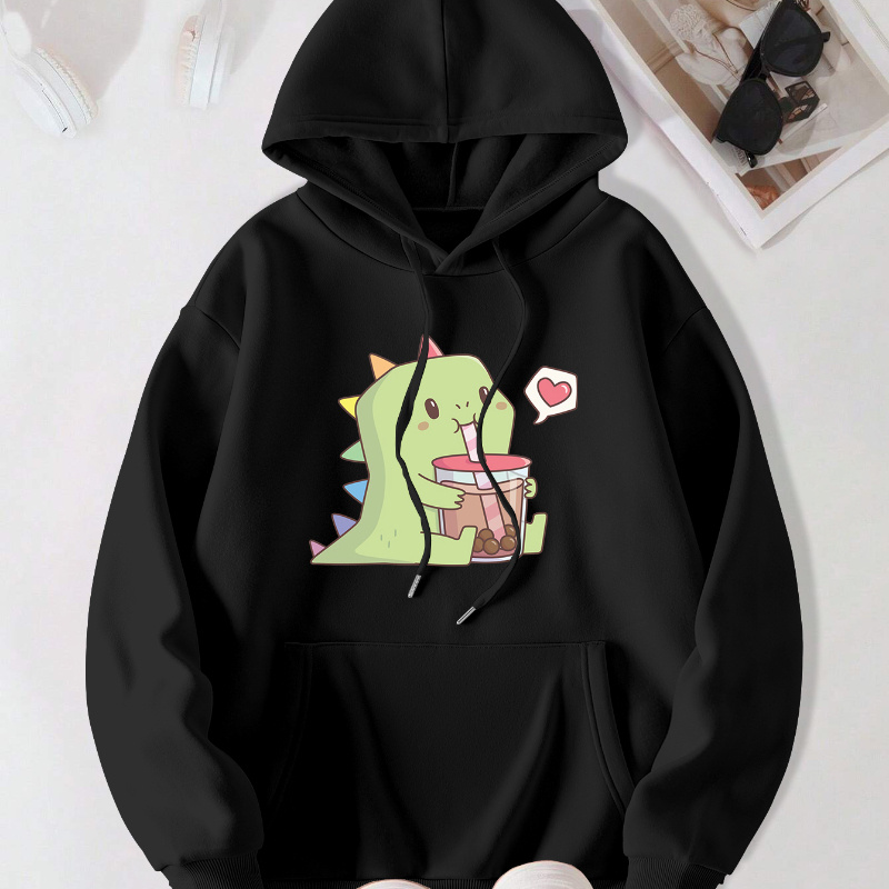 

1pc Women's Casual Polyester Hoodie With Slight Stretch, Dinosaur Drinking Boba Print, Knit Fabric, Hooded Collar, Pocket Detail, Fall/winter Season