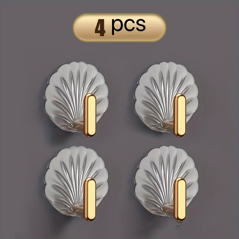 

4pcs Elegant Shell-shaped Adhesive Hooks, Waterproof & , Bohemian Style Plastic Wall Hooks With Golden Accents For Hanging Towels, Keys & Coats In Kitchen, Bathroom & Bedroom, Utility Hooks