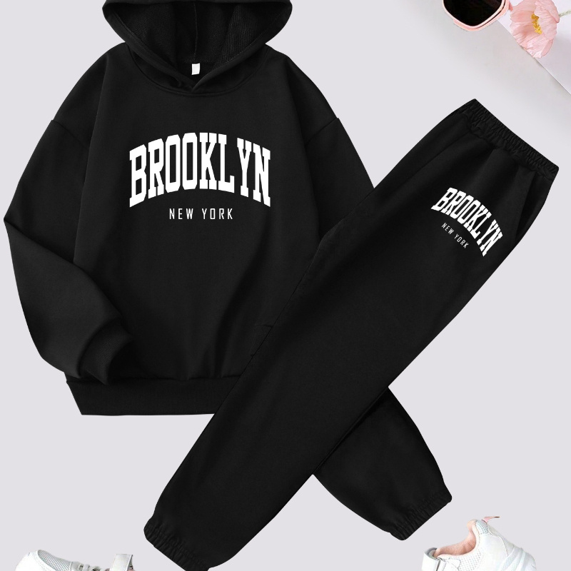 

Ensemble sweat à capuche et pantalon imprimé "BROOKLYN" décontracté pour filles, vêtements de sport pour jeunes automne/hiver