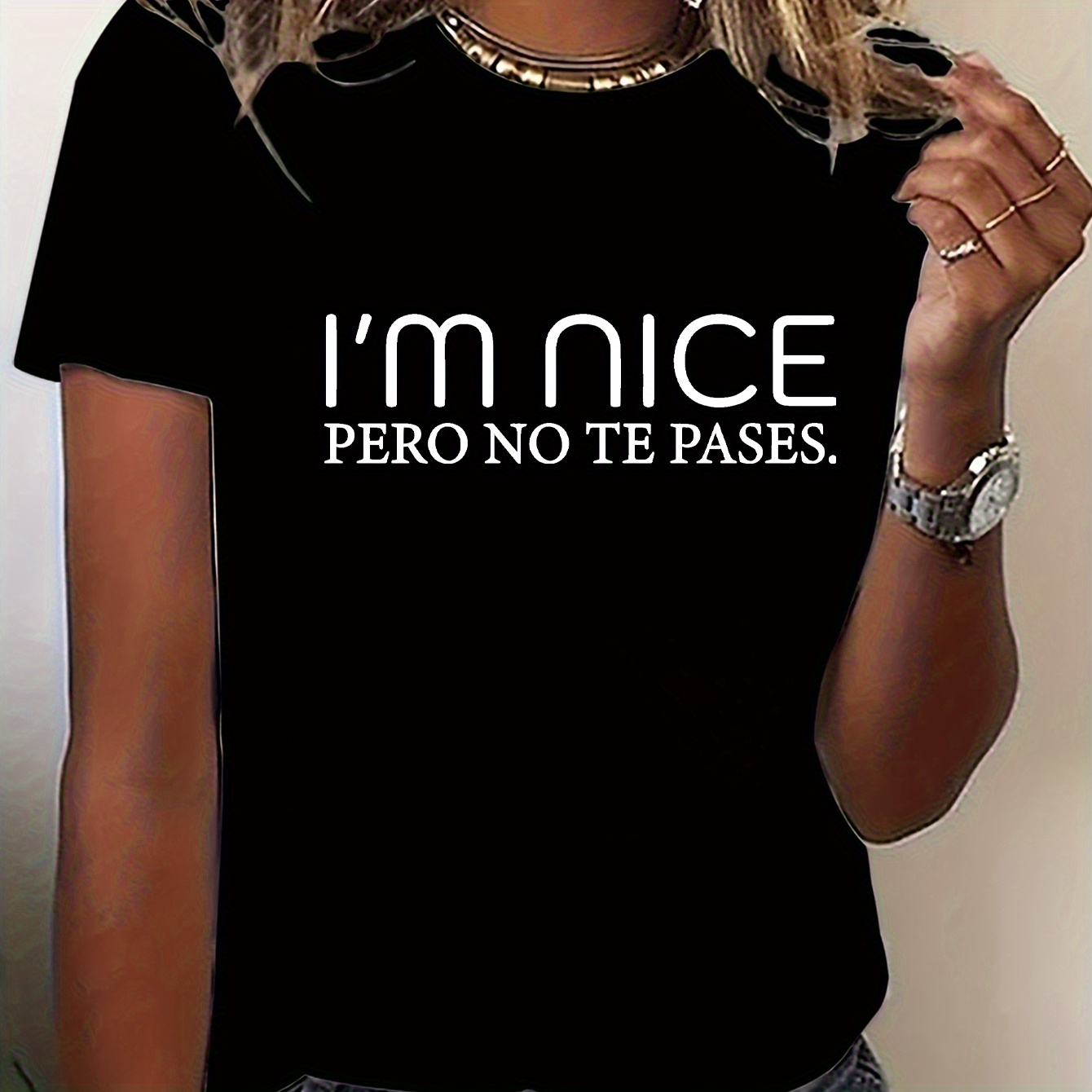 

Women's Elegant Crew Neck T-shirt With "i'm Nice Pero No Te " Slogan Print - Polyester Knit Fabric, Medium Stretch, Short Sleeve Casual Tee For All