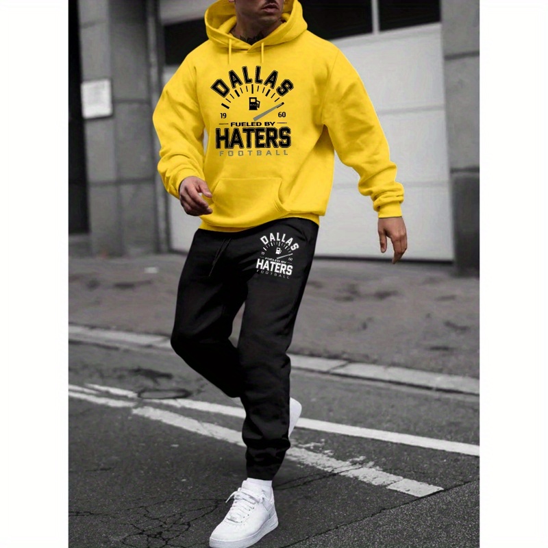 

Dallas Haters Men's Casual Sportswear Set - Trendy Printed Hoodie & Sweatpants, Polyester Blend, Long Sleeve, Knit Fabric