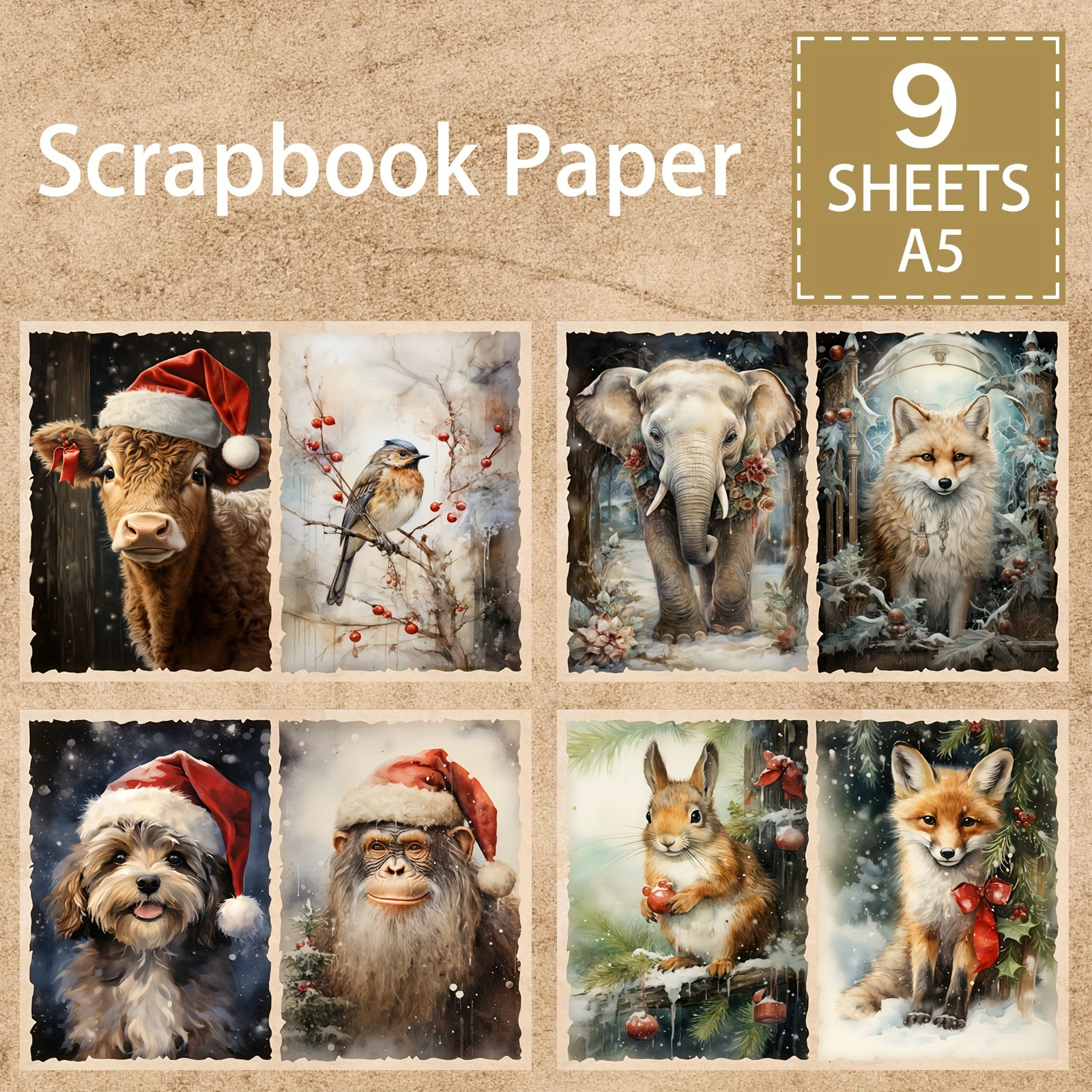 

9-pack A5 Size Cute Christmas Animal Scrapbook Paper, Vintage Diy Journaling, Card Making, Collage Background Cards, Art Supplies For Crafting And Sewing