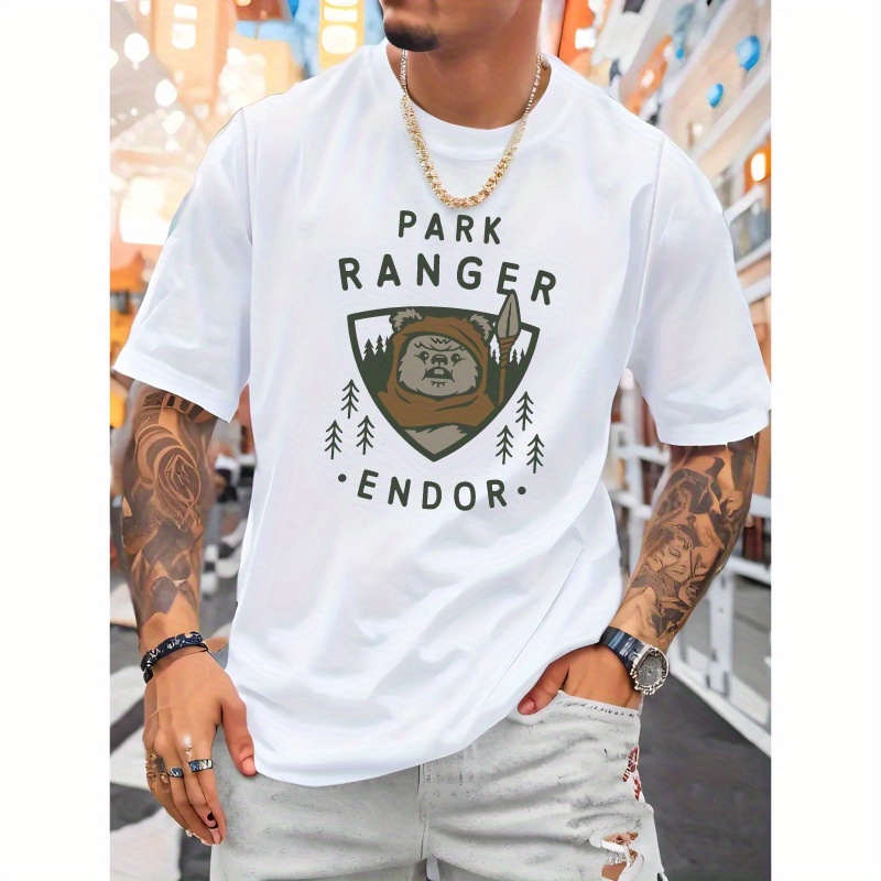 

Park Endor Print Men's Short Sleeve T-shirt, Trendy Breathable Tee For Casual Attire