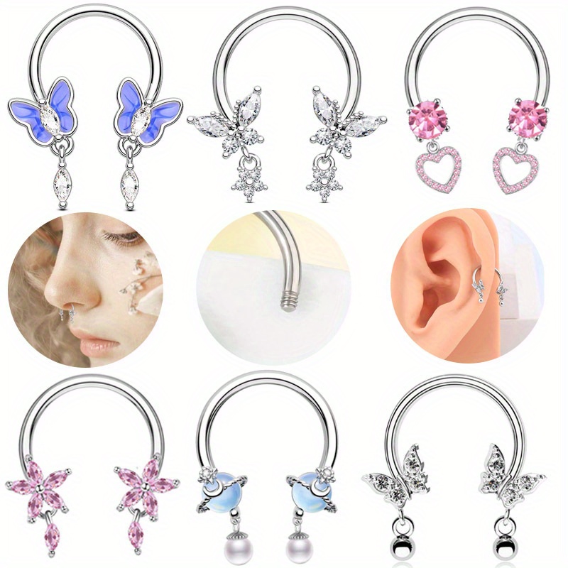 

2pcs/set Stainless Steel Horseshoe Ring Nose Ring Peach Heart Ear Bone Stud Nasal Body Piercing Jewellery