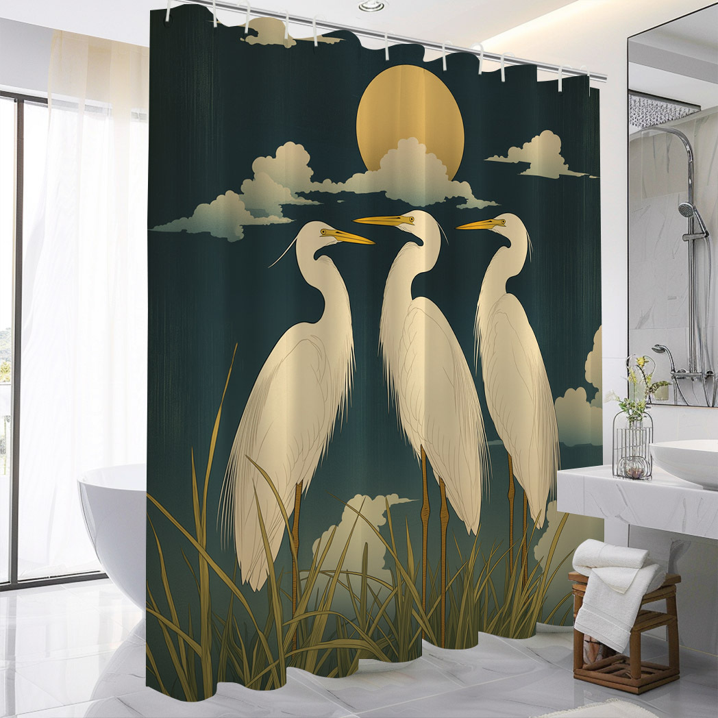 

Elegant Japanese-inspired Shower Curtain With , Moon & Design - Waterproof Polyester With 12 Hooks, Machine Washable - Bathroom Decor, 71x71 Inches, Shower Curtain Sets For Bathrooms