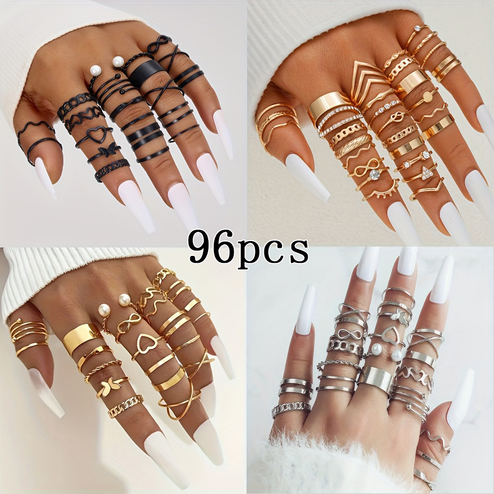 

96pcs/ Set Women Finger Ring Open Ring, Simple Style Love Flower Butterfly Rhinestone Imitation Pearl Rings Daily Holiday Gift Stackable Rings