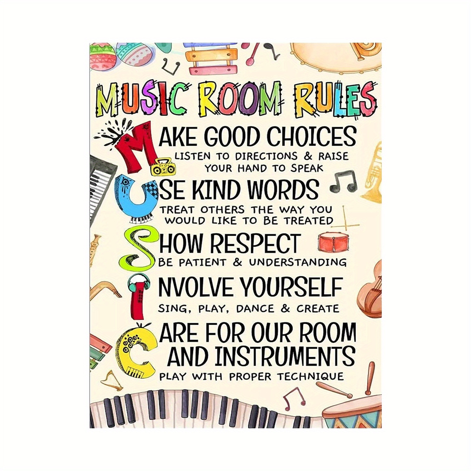 TEMU 1pc Vintage Music Room Rules Poster - 12x18 Inch Unframed Canvas Wall Art With Colorful Musical Instruments & Notes, Educational Decor For ,