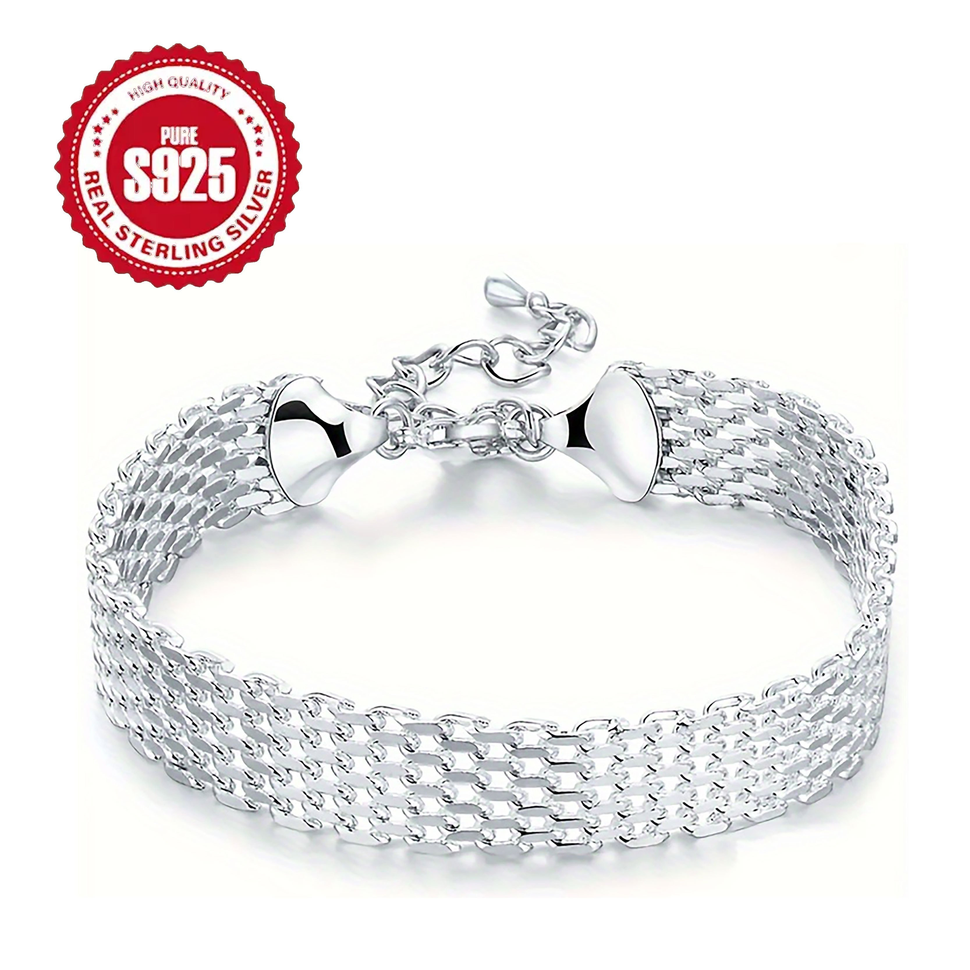 TEMU 1pc S925 Style Mesh Braided Chain Bracelet-12g/0.42oz-width 10mm/0.4in-glittering Silver Plated Chain Bracelet, Suitable For Men And Women Party Jewelry Couple Gift