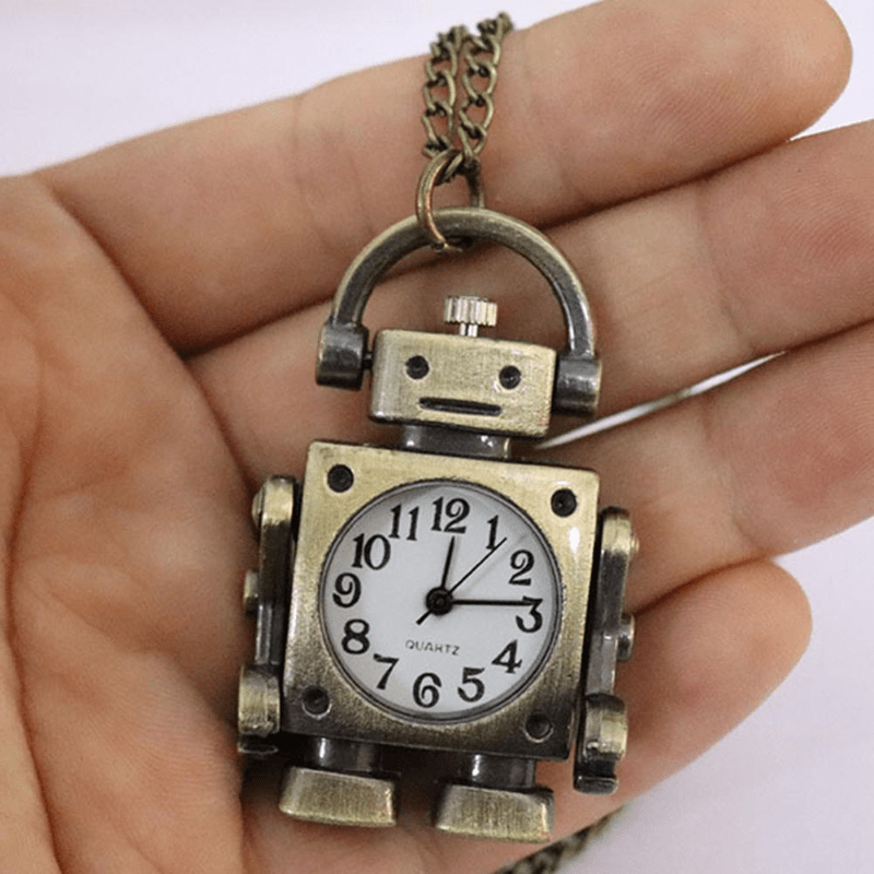 TEMU Hot Selling Vintage Robot Shape Round Dial Quartz Pocket Watch Pendant Decor Cute Key Chain Bag Charm Christmas New Year Birthday Present