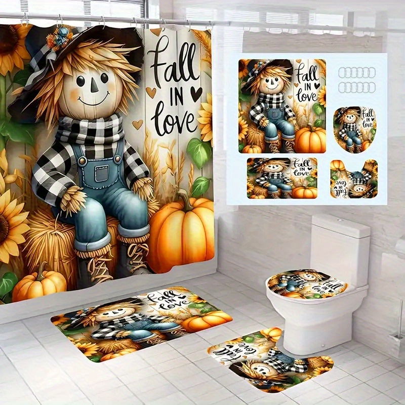 

Autumn And Pumpkin Knit Fabric Shower Curtain Set With Non-slip Mats, Water-resistant Polyester Bathroom Decor With Accessories Includes Bath Mat, U-shaped Pad, Toilet Lid Cover, And 12 Hooks