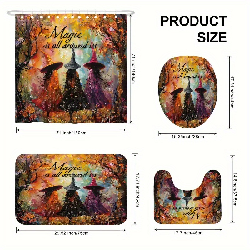 

Shower Curtain Set With Non-slip Bath Mat, U-shaped Pad, Toilet Lid Cover And 12 Hooks, Water-resistant Polyester Bathroom Decor, Knit Fabric, Artistic Magical Autumn Theme, 180x180cm