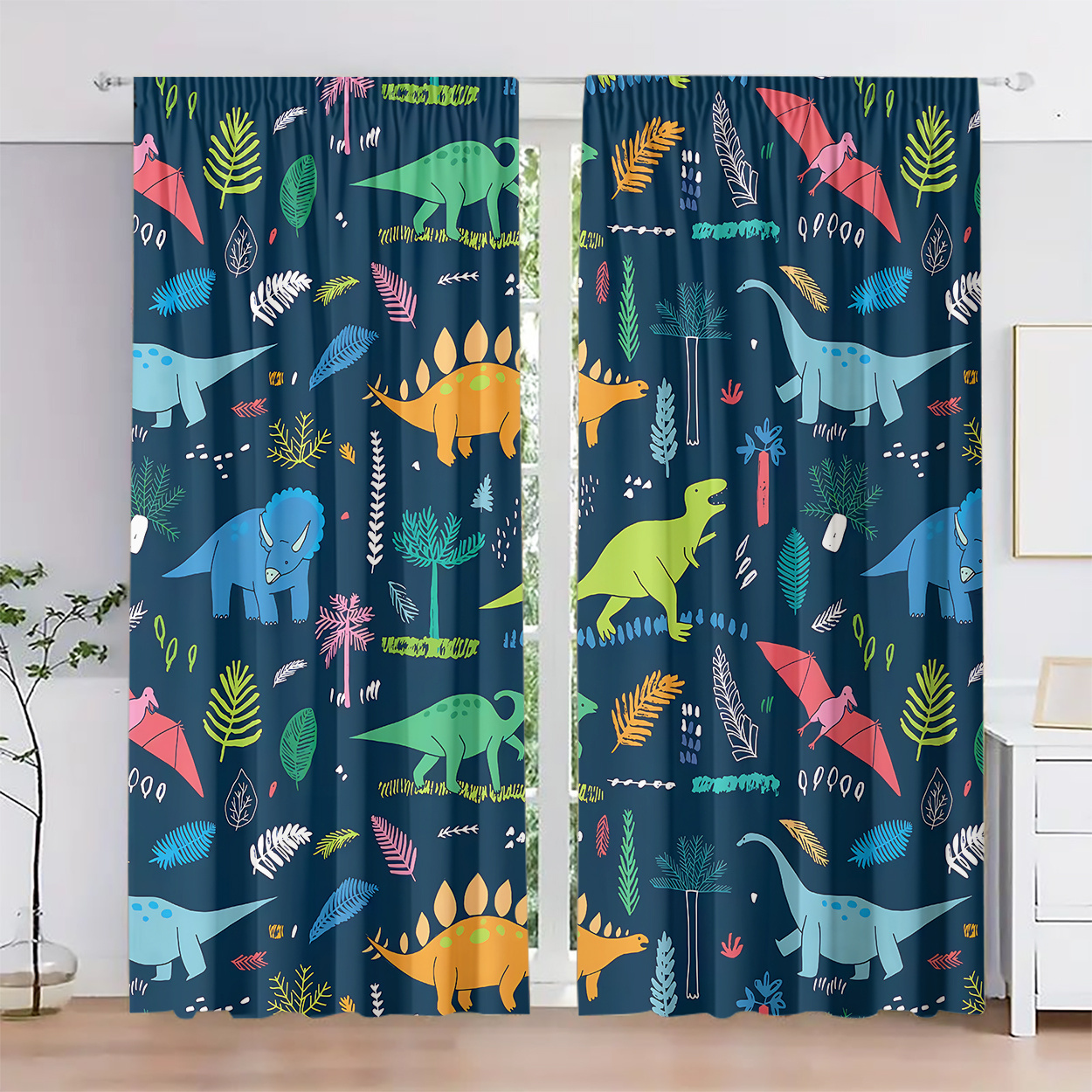 

2pcs Dinosaur Print Light Filtering Curtains - Rod For Easy Hanging, Bedroom, Living Room, Office & Home Decor