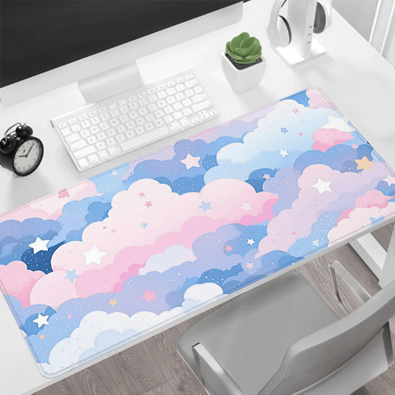 

Non-slip Rubber Base Mouse Pad With Stitched Edge, Dreamy Starry Clouds Large Desk Mat, Pastel Fantasy Oblong Keyboard And Mouse Pad For Home And Office