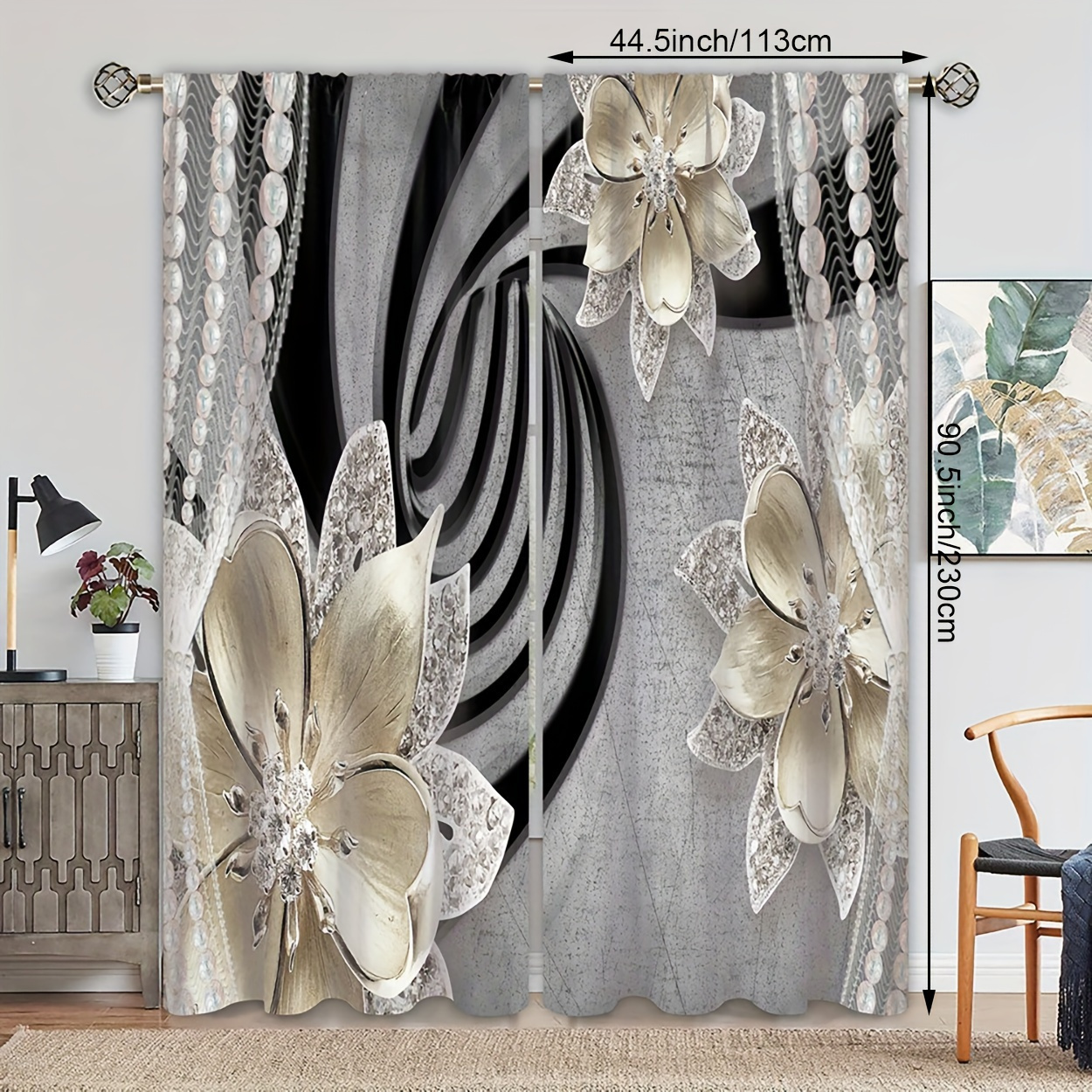 TEMU 2 Panneaux, en , Imprimé Motif Floral de Bijoux Style Vintage, Rideaux Filtrant , Convient pour Chambre, Salon, Bureau et Décoration Intérieure,