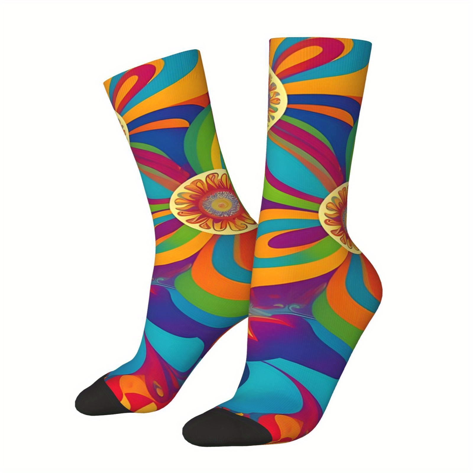 

1 Pair Vintage Flower Power Colorful Print Socks For Men - Unisex Socks With Polyester And Spandex, Seamless Knit Fabric, Hand Wash/dry Clean, Novelty Gift
