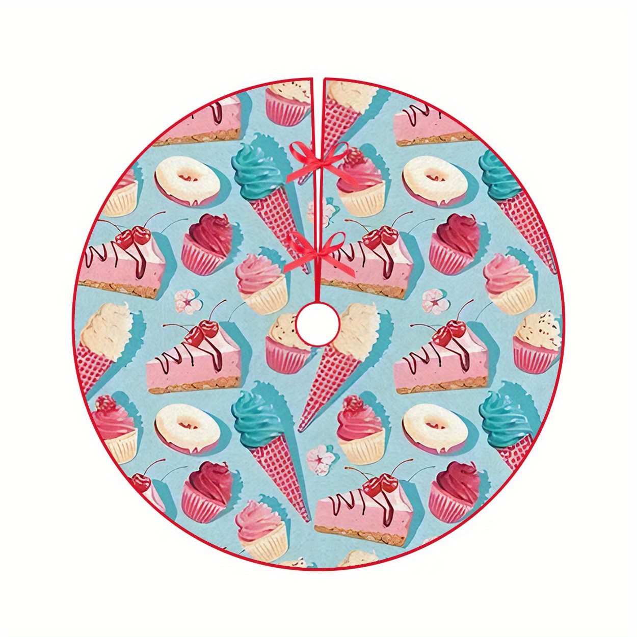 

Festive Christmas Tree Skirt With Cake & Ice Cream Design - Holiday & Themed Parties, Ideal For Home, Office Decor | Polyester, Round Shape