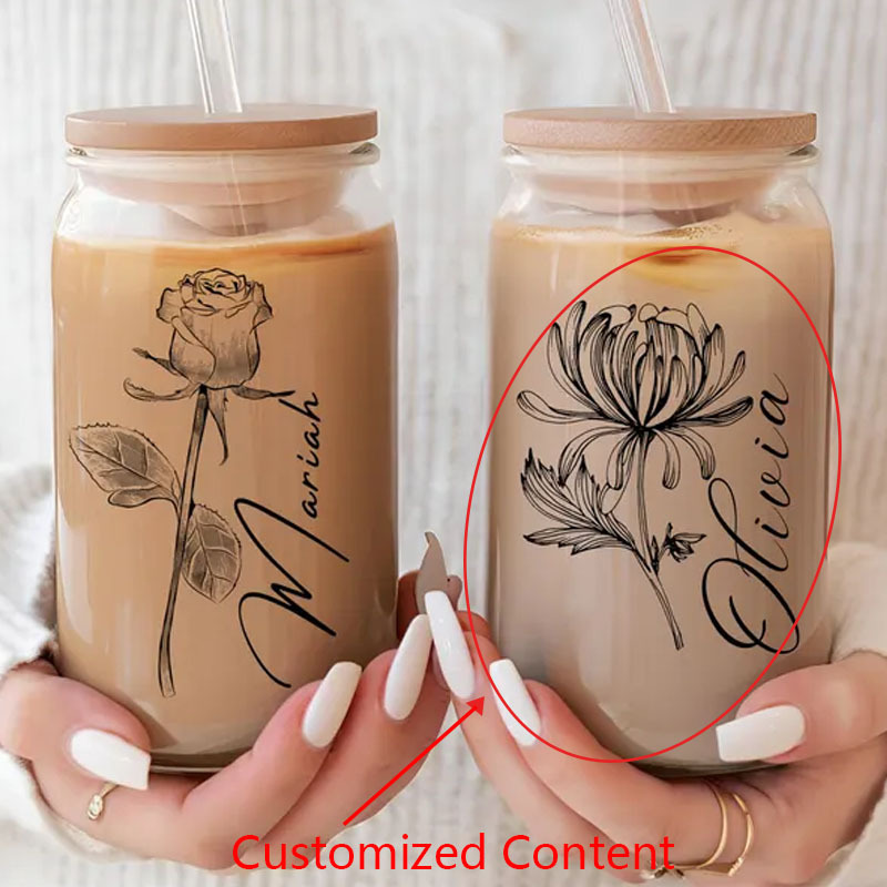 

1pc Custom Engraved 16oz Glass Coffee Mug With Wooden Lid, Personalized Floral Tumbler With Name, Ideal Gift For Birthday, Party Favors, And Holiday Celebrations