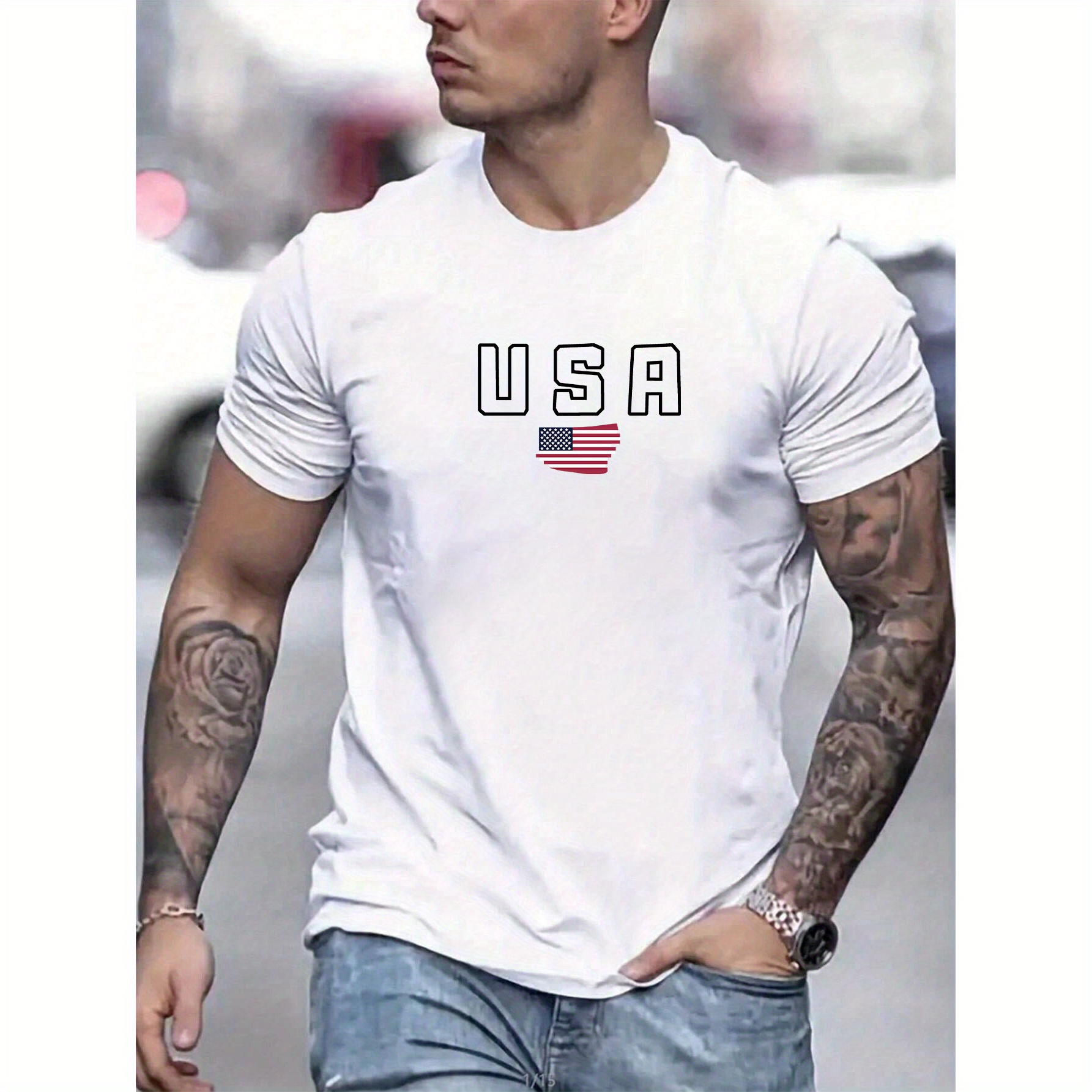 

Usa National Flag Design Print, Men's Round Neck Short Sleeve T-shirt, Casual Style, Comfy Summer Top For Daily Wear