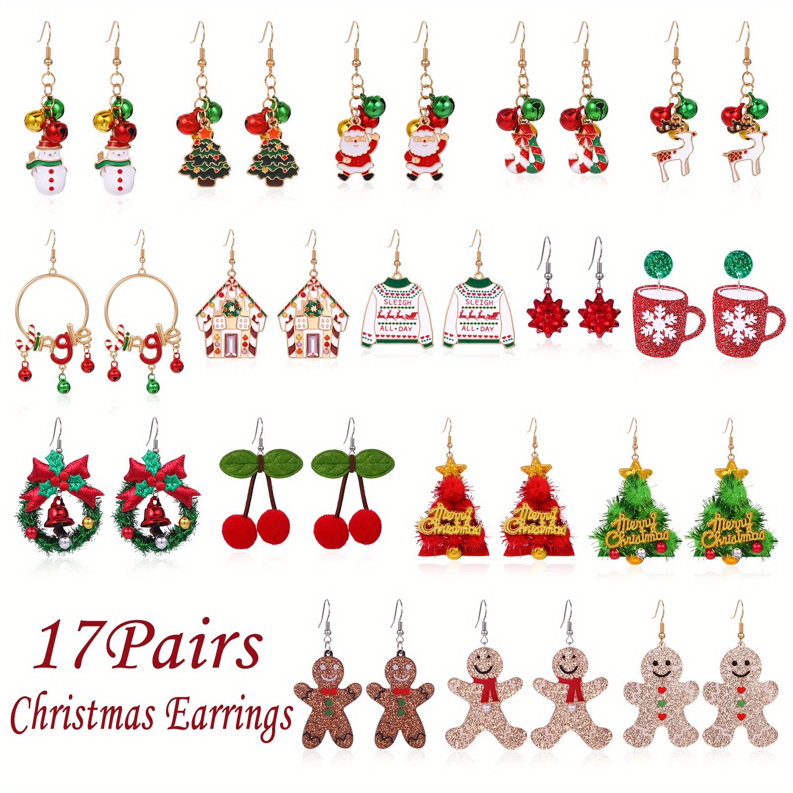 TEMU 17pairs Christmas Earrings For Women, Acrylic Earrings Gingerbread Men Design Earrings, Christmas Tree Grass Ring Bell Earrings Sets, Ideal Xmas