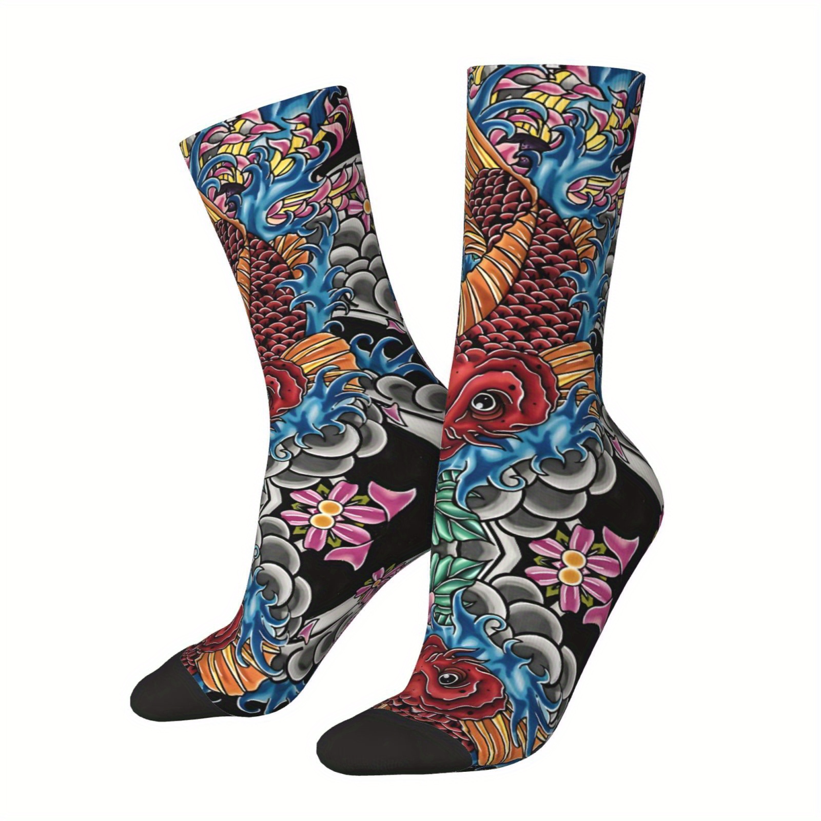 

1 Pair Men's Japanese Koi Fish Crew Socks - Hip Hop Novelty Printed Polyester Knit Fabric With Spandex - Crazy Patterned Sock Gift