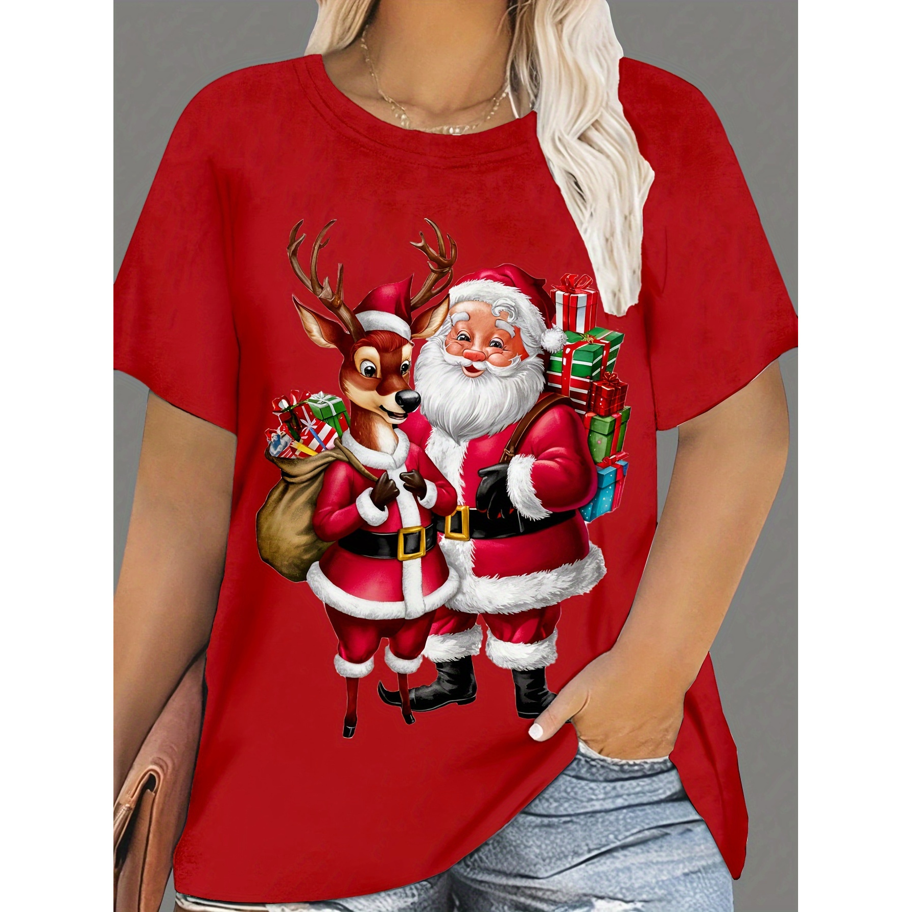 

Plus Size Santa Claus And Reindeer Printed Crew Neck T-shirt, Spring And Summer Leisure Short Sleeve T-shirt, Women's Plus Size Clothing