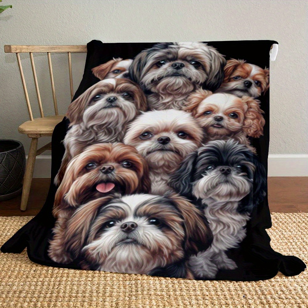 

Cute Shih Tzu Dog Pattern Flannel Car Nap Blanket - Soft Polyester For Vehicle Interior Accessories