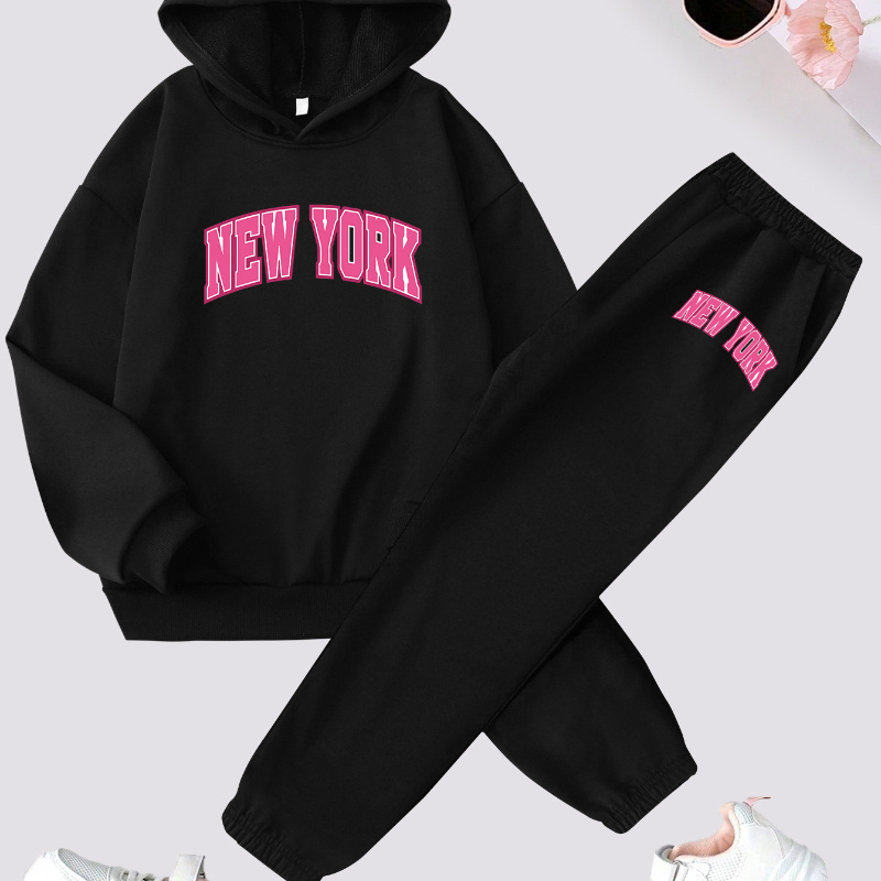 

Girls' "new York" Print Casual Hoodie And Pants Set - Stylish Children's Sportswear Outfit - Fall/winter Knitted Polyester Tracksuit - Age 12 And Below