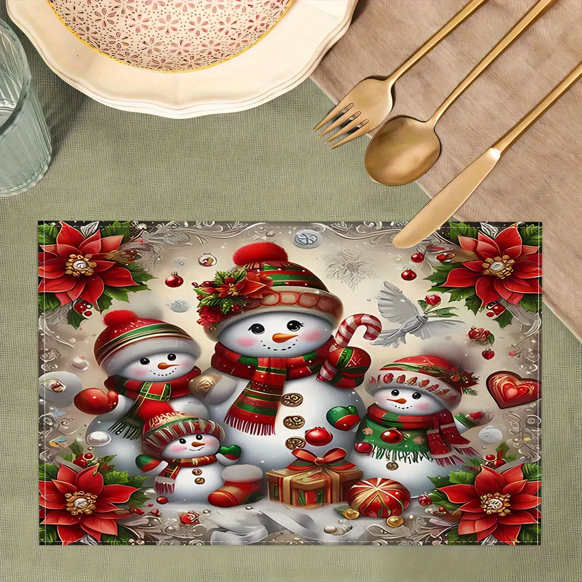 

Christmas Snowman Placemats Set - Polyester Machine Made Table Mats For Kitchen And Dining Room Decor, Insulated, Machine Washable, Universal Covers For Christmas - 1/4/6/8/12pcs Pack