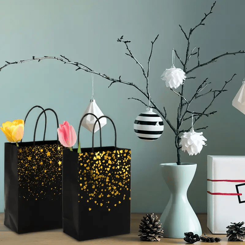 

10/50/100pcs Black Paper Gift Bags With Golden Foil Stamp, Foldable Kraft Bags For Wedding, Party Favors, And Candy Packaging