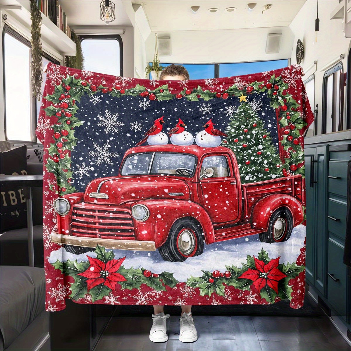 

And Poinsettias Blanket - Polyester , For , Sofa, Bed, For Christmas And
