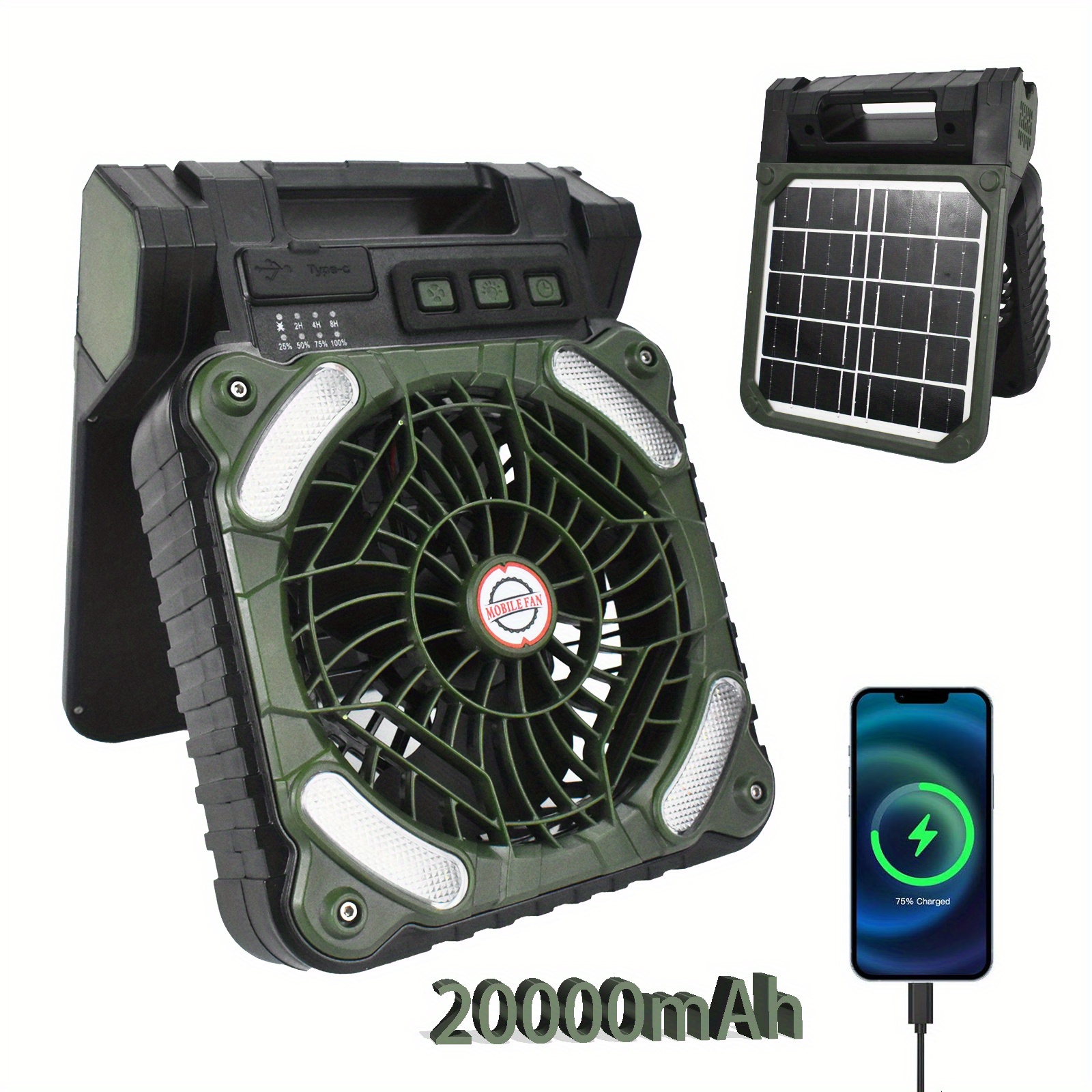 TEMU 10000-20000mah Solar Powered Camping Fan With Led Lantern, 4 Powerful Wind Rechargeable Battery Operated Portable Fan, Cordless Desk Cooling Fan With 3 Timer & Powerbank For Travel Tent