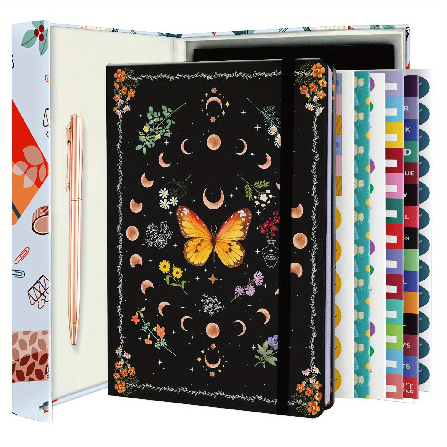 

Dotted Bullet Journal Notebook Set - 1 Premium Thick Paper With Faux Leather Hard Cover, Inner Pocket & Elastic Closure, Pen Loop, Butterfly Design