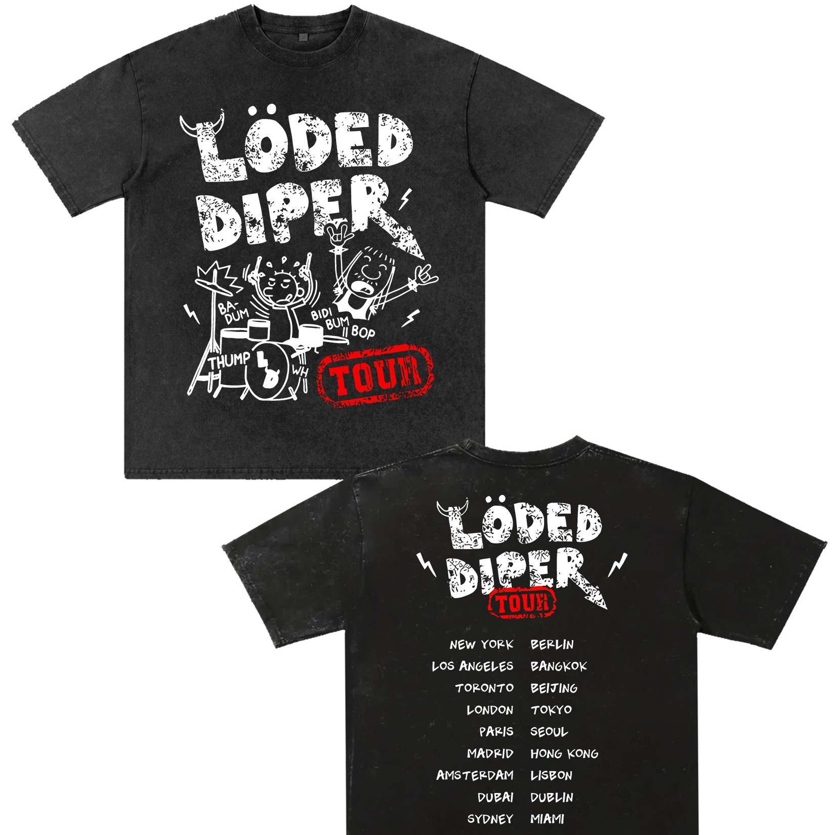 

Loded Concert T-shirt, Street Letter Print Round Collar Neutral T-shirt, Men' Brand Shoulder Drop Boutique 230g Cotton T-shirt, Washed Old Batik Thickened Cotton T-shirt