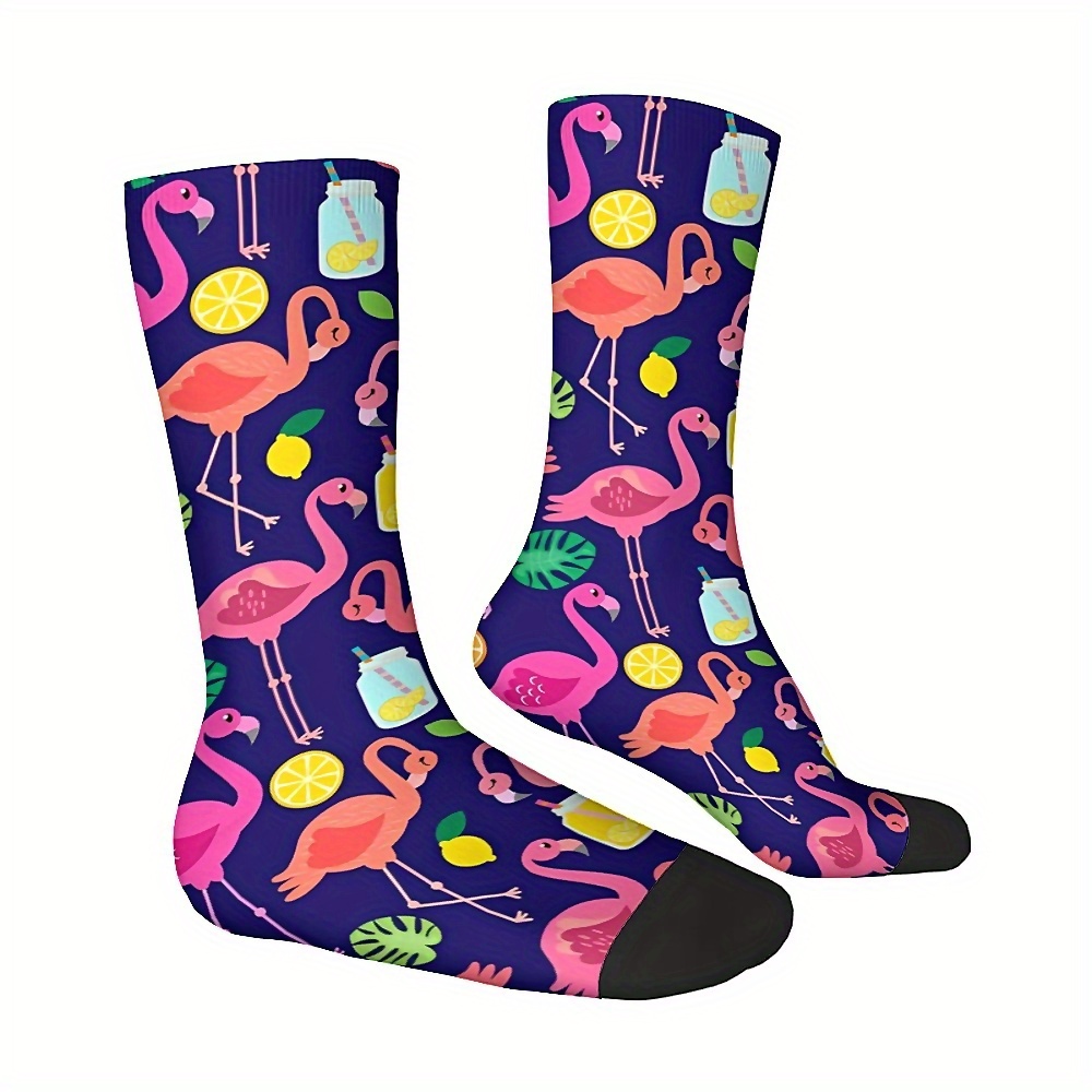 

Lemon Flamingo Beverage Flower Pattern 1 Pair Men's Mid-calf Crew Socks, Breathable Comfy Casual Socks Simple Fashion Sports Socks For Outdoor Fitness Basketball Running