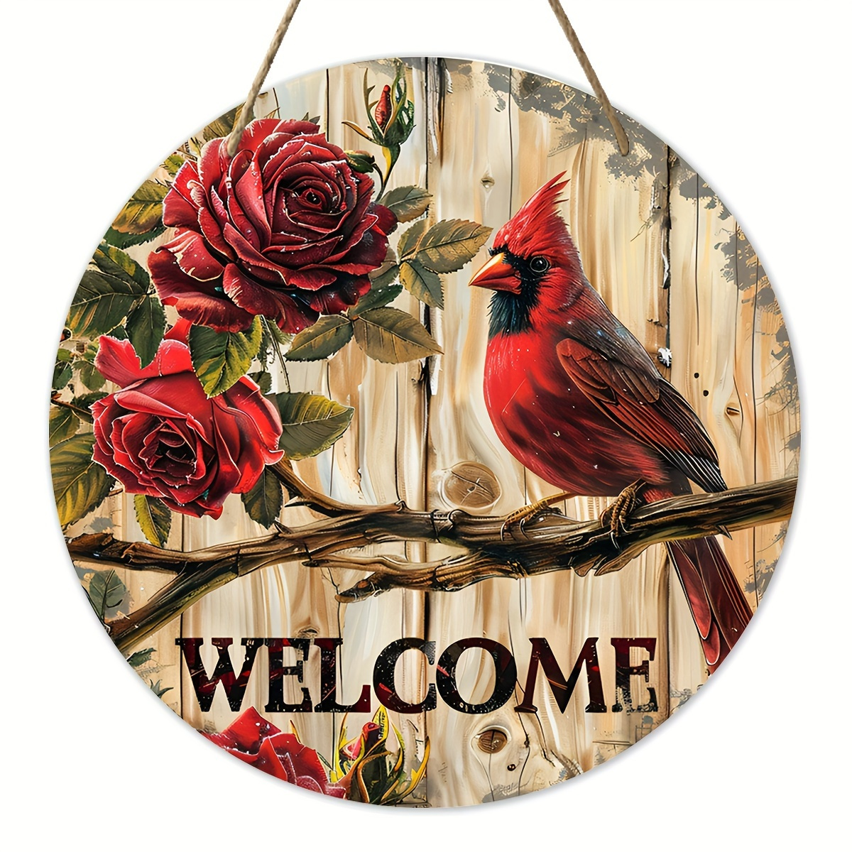 TEMU 2d Flat, 1pc Classic Wooden Hanging Sign With 2d Printed Red Bird Welcome Wreath, Courtyard Wall Decor, Christmas Gift, Holiday Decoration, 2d