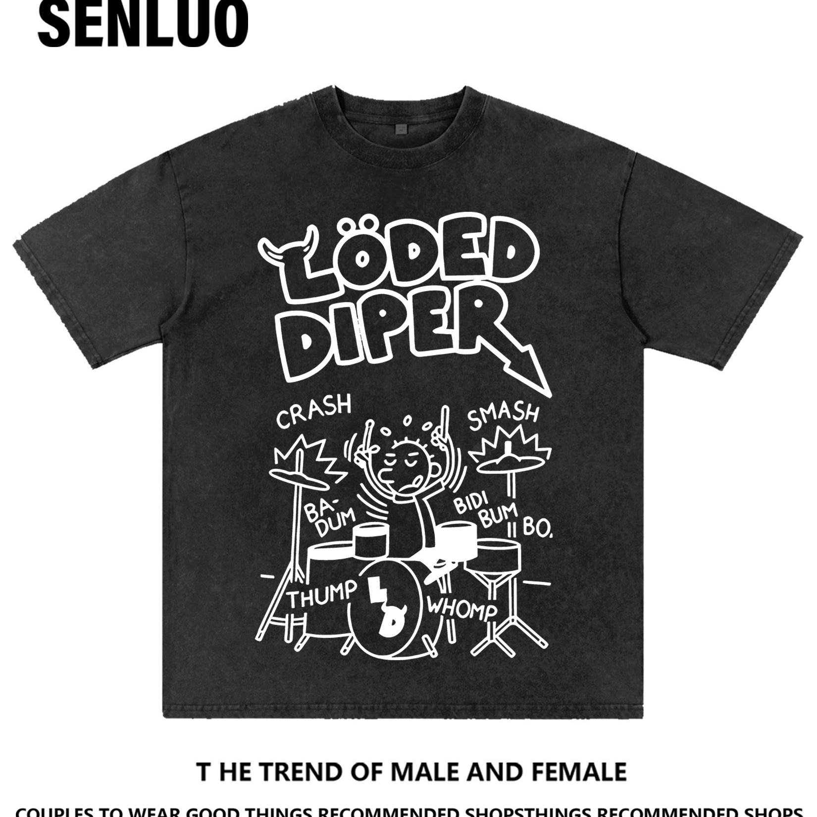 

Loded Cartoon Pattern T-shirt, Street Letter Print Round Collar Neutral T-shirt, Men's Fashion Brand Shoulder Drop Boutique 230g Thick Cotton T-shirt, Washed Old Batik Thickened Cotton T-shirt