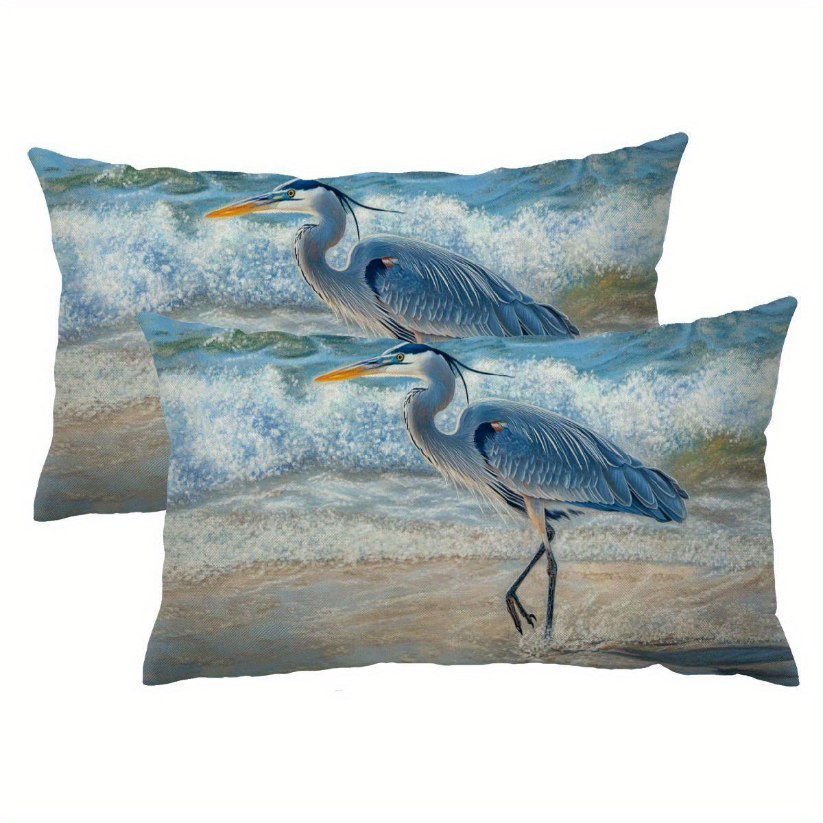 

2-pack Coastal Bird Print Linen Throw Pillow Covers - Decorative Heron And Waves Cushion Cases For Home And Sofa Decor, No Electricity Needed