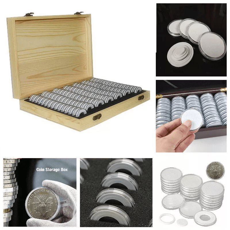 

100pcs Coin Capsules Wooden Display Storage Box Case Coins Holder Collectible Box