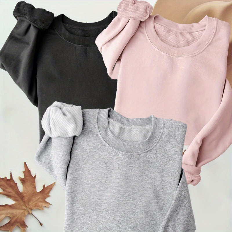 

3pcs Solid Color Sweatshirt, Crew Neck Casual Sweatshirt For Fall & Spring, Women's Clothing